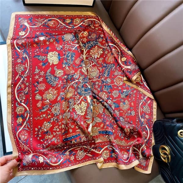 100 % mulperisilkkinen 70 cm neliöhuivi, naisten kaulahuivi/shaali, vintage punainen kukkakuvio