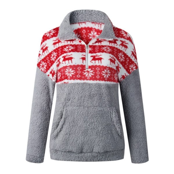 Women Plush Sweater Zipper Pocket Christmas Print Sweatshirts Gray Xl