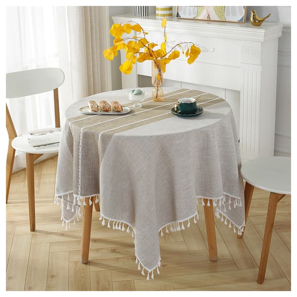 Rund duk 120 cm Khaki Vaskbar Lin og Bomull Duk Flekkbestandig med Dusk, Stripete Broderi For Bursdag, Bryllup, Kaffebord