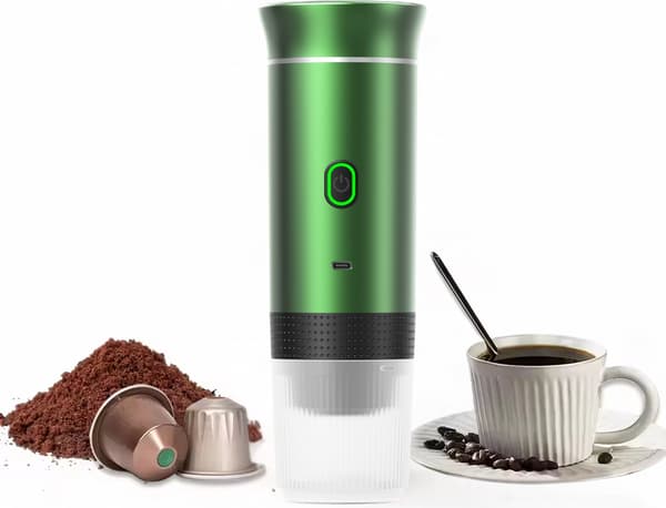 Bærbar kaffemaskine til farten, trådløs til bil, 12 volt, espresso, Nespresso, Dolce Gusto, kapselkaffe, malet kaffe, kopper, genopladelig