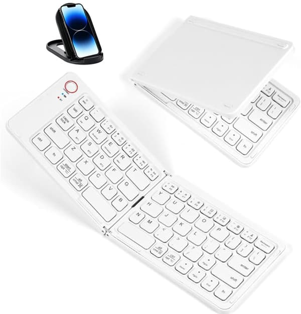 Sammenleggbart trådløst Bluetooth-tastatur (hvitt), med innebygd telefonstativ, Type-C-lading, stillegående drift og kompatibilitet med flere systemer