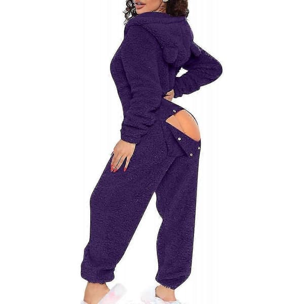 Sexy voksen-onesie-pyjamas for kvinner med bakluke, fleeceforet onesie med hette, fluffy dame-nattøy, Black Friday Purple