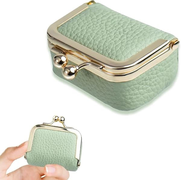 Mini smykkeskrin i skinn. Bærbar myntpung med kysselås, reise-ringboks for kvinner. Oppbevarer øredobber, ringer, halskjeder, armbånd. Grønn. Elegant.