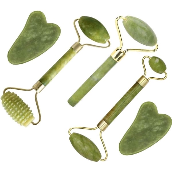 Grøn Jade Roller & Gua Sha Sten - 5 Dele - Ansigtsrulle & Gua Sha Sæt - Naturlig Jade Roller - Ansigtsrulle - Jade Roller - Ansigtsmassage