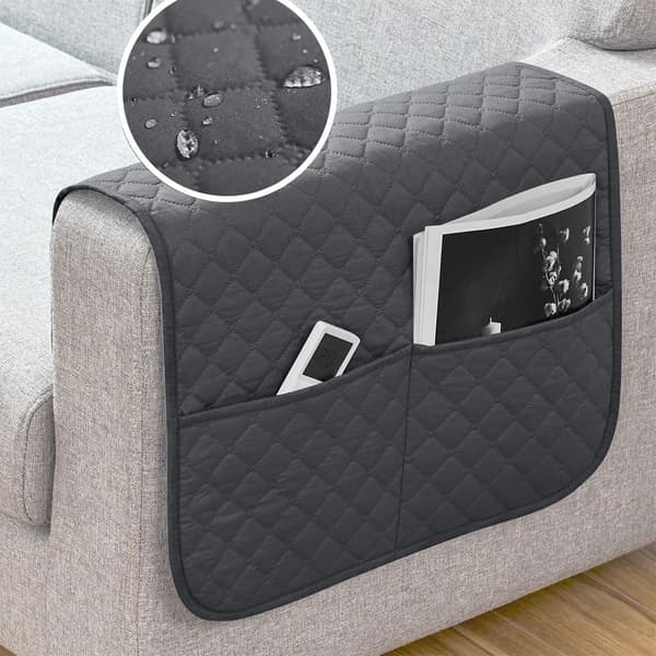 Vanntett armlensbeskytter for sofa med 2 store sidelommer for TV-fjernkontroll, sklisikker og slitesterk armlensbeskytter for lenestol, vaskbar (mørke