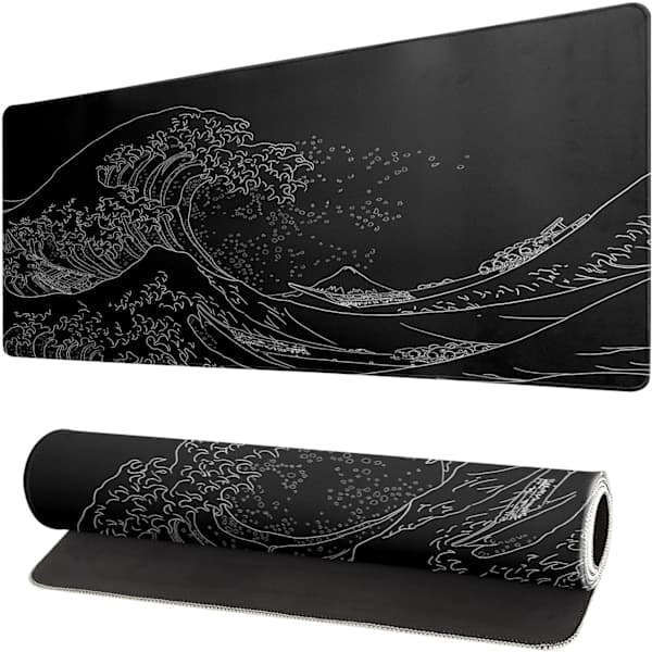 Japansk Havsbølge Stor Musematte, Anime Svart Spill, Forlenget Kanagawa Matte Skrivebordsmatte, 3mm Tykk Lang Sklisikker Gummi Såle Musematte, 31.5 X 