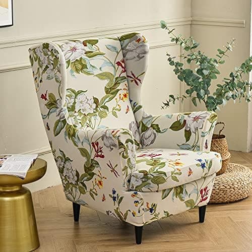 Highdi Stretch Slipcover for Strandmon Wing Chair, Sett med 2 Sofatrekk med Putetrekk, Lenestoltrekk Flor Y Hoja—yux