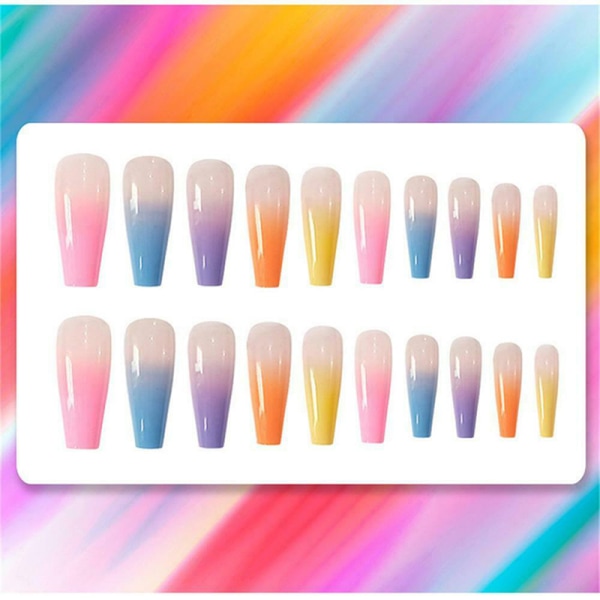 20x Candy Color Long Coffin Fake Nails European Rainbow Ballerin Onesize