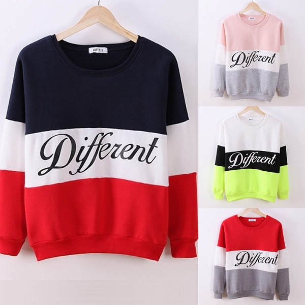 Women Casual Loose Hooded Thick T-shirt Long Sleeve Pullover Col Blue+red One Size