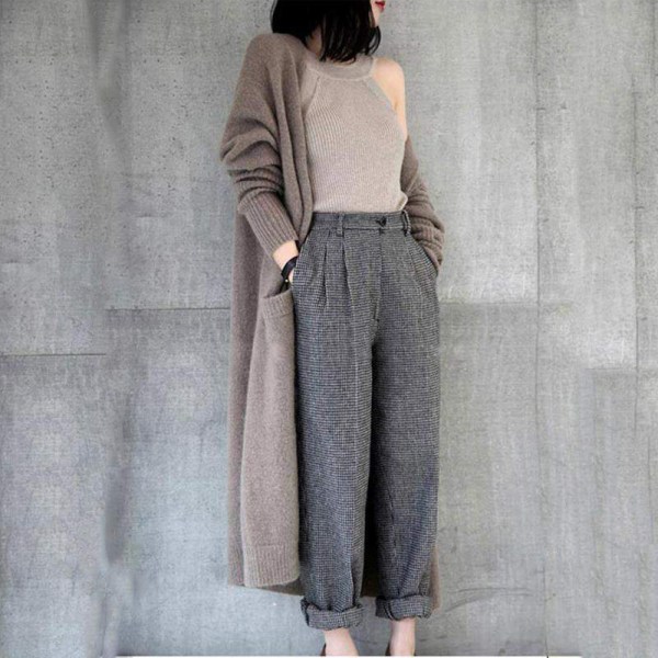 Women Long Cardigan Trench Coat Loose Large Size Cashmere Blend Dark Gray