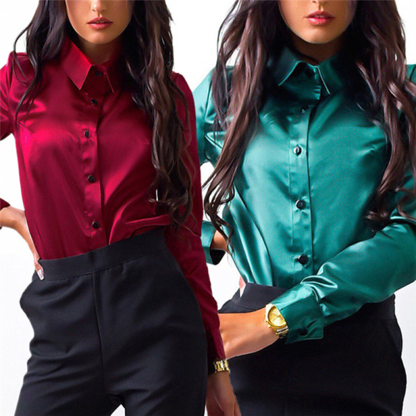 Women Silk Satin Blouse Button Lapel Shirts Office Elegant High Wine Red L