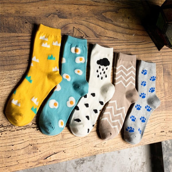 Women's Socks Cartoon Egg Patterns Cat Footprints Hallowee Coffee