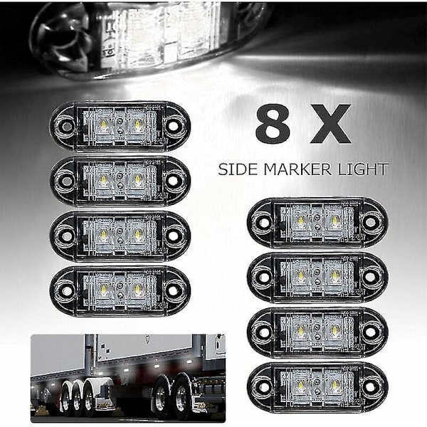 8 st LED-sidomarkörlampor Positionsljus Fram Bak Sida Lampa 12v 24v Universal för Trailer Lastbil Husvagn Van Buss Traktor, vit, 12v  (FMY)