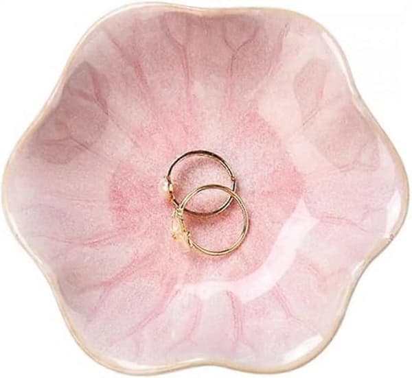 Dekorativ ringholder i lotusbladform, liten nøkkelskål, keramisk pyntebrett smykkeskål for organisering av halskjeder øredobber, rosa 11*11*3.1CM