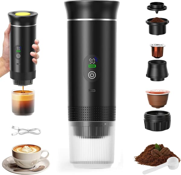 3-i-1 Bærbar Kaffemaskin, Oppladbar Bærbar Reisekaffemaskin, 12 V Espressomaskin for Kapsler, Malt Kaffe, for Camping, Reiser