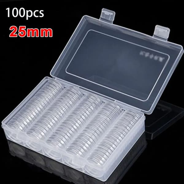 100 stk 25mm myntkapsler med oppbevaringsboks Transparent runde myntkapsler Myntsamlingsholder Beholder oppbevaringsboks (FMY)