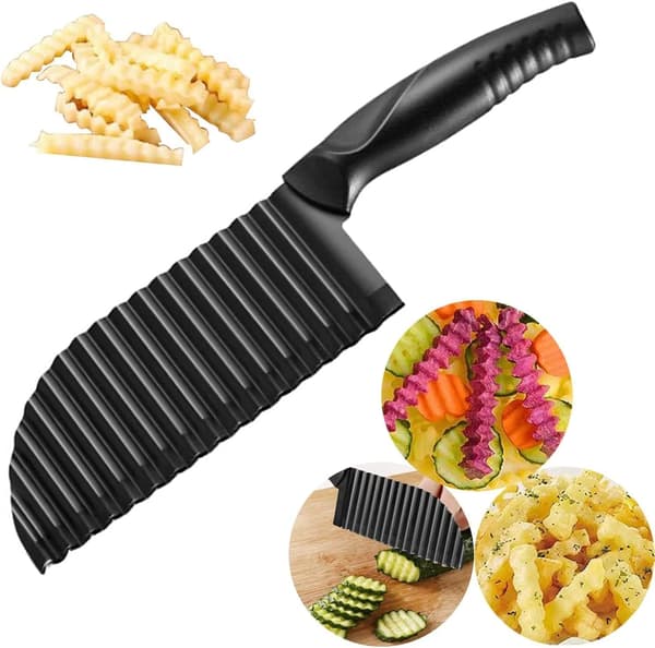 2,9 tommer x 11,8 tommer Bølget Potetkutter i Rustfritt Stål, Krøllete Pommes Frites Kutter, Svart (1-pakning)