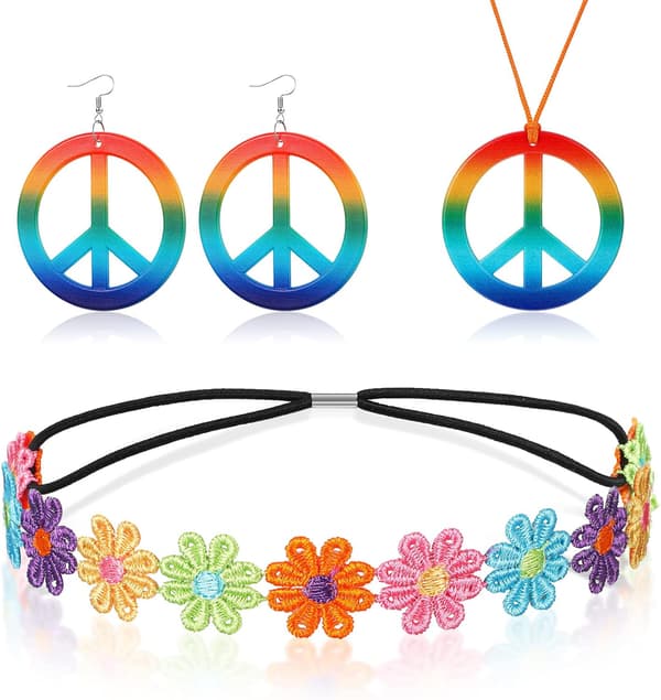 3-delat Hippie-kostymset, Hippie-klädtillbehör, inklusive Daisy-pannband, regnbågsfredsteckenhalsband och örhängen 60-talets Hippie