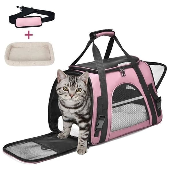 (Pink) Katte- og Hundetransporttaske, Åndbar og Foldbar Kattebærekasse med Aftagelig Blød Måtte og Skulderrem - Pink, til Rejser