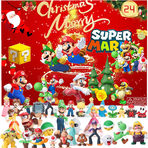 Adventskalender 2025 med 24 Mario-figurer, Julekalender Nedtellingskalender Blind Box for barn og voksne A