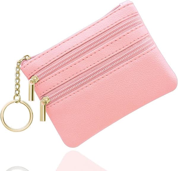 Liten lommebok for kvinner, myntpung, liten damelommebok med 3 rom og nøkkelring, liten og lett (rosa)