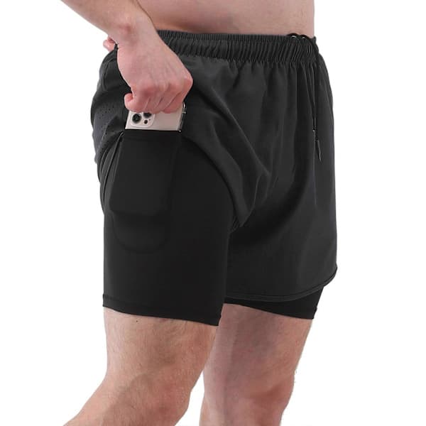 Sports shorts for menn med fôr 2-i-1 med lommer, hurtigtørkende løpe-, sykkel- og treningsshorts -Sy -Sy Svart Large