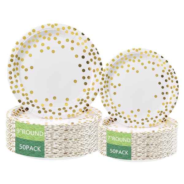 Runde engangstallerkener af papir til alle lejligheder, guldprikkede papirtallerkener - 100 stk. - 50 x 9\" og 50 x 7\", hvide og guldfarvede festarti