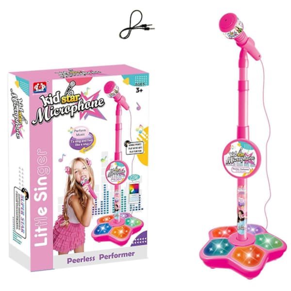 Mikrofonleke for barn, mikrofonleker for barn med høyttaler og LED, musikalsk leke for morsom lyd, justerbar stående maskin for barn med lys, rosa