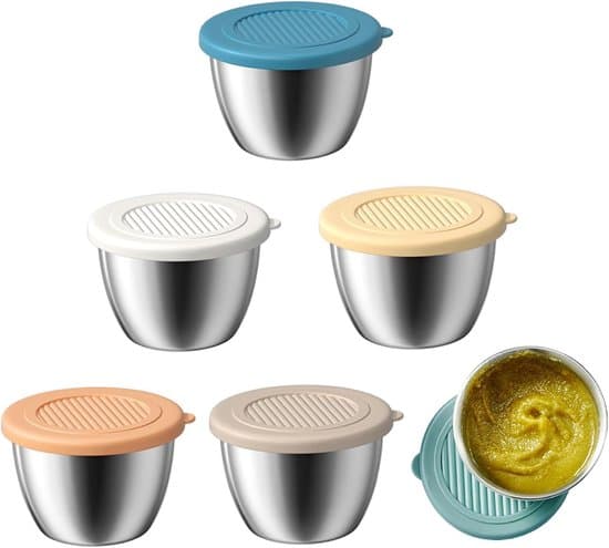 6 stk. dippkopper i rustfritt stål, minibeholdere med lokk – 80 ml salatdressingbeholdere for sauser, dipper, snacks og krydder (reisevennlig)