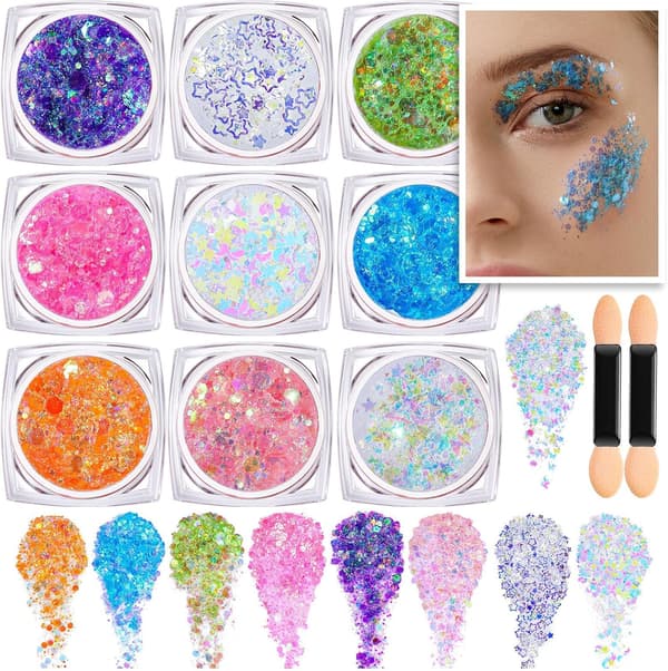 Ansiktsglitter, kroppsglittergelsett, 9 farger sminkeglittergel for ansikt og kropp, hårglitter for festivalfestjubel