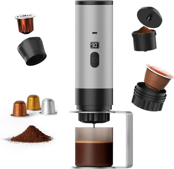 Bærbar kaffemaskin, elektrisk espressomaskin med stativ, selvoppvarmende og USB-C - Kompatibel med malt kaffe og kapsler for reise, camping,
