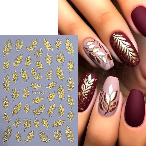 2 st Metall Enkla Löv Nagelstickers 3D Metallisk Guld Löv Spegeldesign Holografisk Charm Nageldekaler DIY Manikyr Dekoration