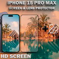 Miniatyrbillede 2 af 5: 1-Pack IPHONE 15 PRO MAX Skærmbeskyttelse & 1-Pack linsebeskyttelse - Hærdet Glas 9H - Super kvalitet 3D