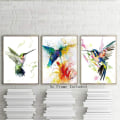 Miniatyrbillede 2 af 4: 3 stk. Uindrammet Abstrakt Akvarel Fugleplakat – Kolibri og Flo