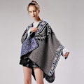 Miniatyrbillede 4 af 5: Grå Vintage Poncho Kappe Tassel Sjal Wrap Cardigan C til kvinder