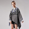 Miniatyrbillede 3 af 5: Grå Vintage Poncho Kappe Tassel Sjal Wrap Cardigan C til kvinder