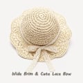 Miniatyrbillede 2 af 5: Baby Girl Summer Straw Hat with Lace Bow and Foldable Wide Brim S