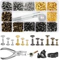 Leather Rivets 180 Pieces 3 Sizes Double Cap Rivets Tubular Metal Studs Rivets, with 3 Pieces Fixing Tools and Hole Punch Pliers