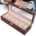 Miniatyrbillede 6 af 8: Træ 6 Grid Watch Display Box Transparent vindues Ur Opbevaringsboks (rød)