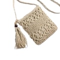 Miniatyrbilde 2 av 5: Halmveske Flettet Håndstrikket Kvadratisk Form med Kvaster Vevd Veske for Strand Dating Beige