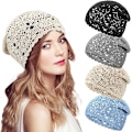 Miniatyrbillede 1 af 5: 4 stk. slouchy beanie hæklet hat efterår håndlavet strikket blomstret skull cap bomuld udskåret sommerhatte til kvinder let strikket (JS)