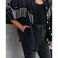 Miniatyrbillede 4 af 7: Afslappet denimjakke med frynser til kvinder Sort Sort Black XL