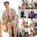 Miniatyrbild 2 av 5: Lyxig Kimono Morgonrock Badrock Pyjamas Loungekläder i Satinsilke för Män Brun[ch] Brown 3XL