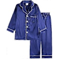 Miniatyrbild 1 av 4: Baby Flicka Pojke Satin Pyjamasset Lång Kort Ärm Knapp-Upp Topp+Byxor Sovkläder Outfit Blå[JR] Blue 4-5 Years
