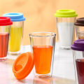Miniatyrbilde 3 av 5: 350ML Dobbelvegget Glass med Silikonlokk Isolert Tumbler Reise Varm Kald Drikke Te Melk Høy Borosilikatglass Kopp Kaffekrus Red