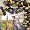 Miniatyrbillede 5 af 5: 50-års fødselsdagsdekoration, 50. mand Kvinder Fest Fødselsdagsdekorationer, Tillykke med fødselsdagen Garland Ballon Sort Guld Dekoration
