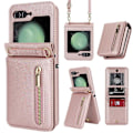 Miniatyrbillede 1 af 5: Z Flip 5 Wallet Etui, Crossbody Lynlås Læder Stand Etui Til Samsung Galaxy Z Flip 5 Med Kortholder Rose Gold