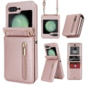 Pikkukuva 1 / 5: Z Flip 5 case, Crossbody vetoketjullinen nahkainen case Samsung Galaxy Z Flip 5 korttikotelolla Rose Gold