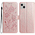 Pikkukuva 1 / 5: iPhone 15 Lompakkokotelo Ruusukuvioinen Nahkainen Käännettävä Jalustallinen Puhelinkotelo Multicolor Rose Gold