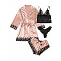 Miniatyrbild 1 av 5: Damer 4 delar Satin Blommor Spets Cami Top Underkläder Pyjamas Set med Robe W